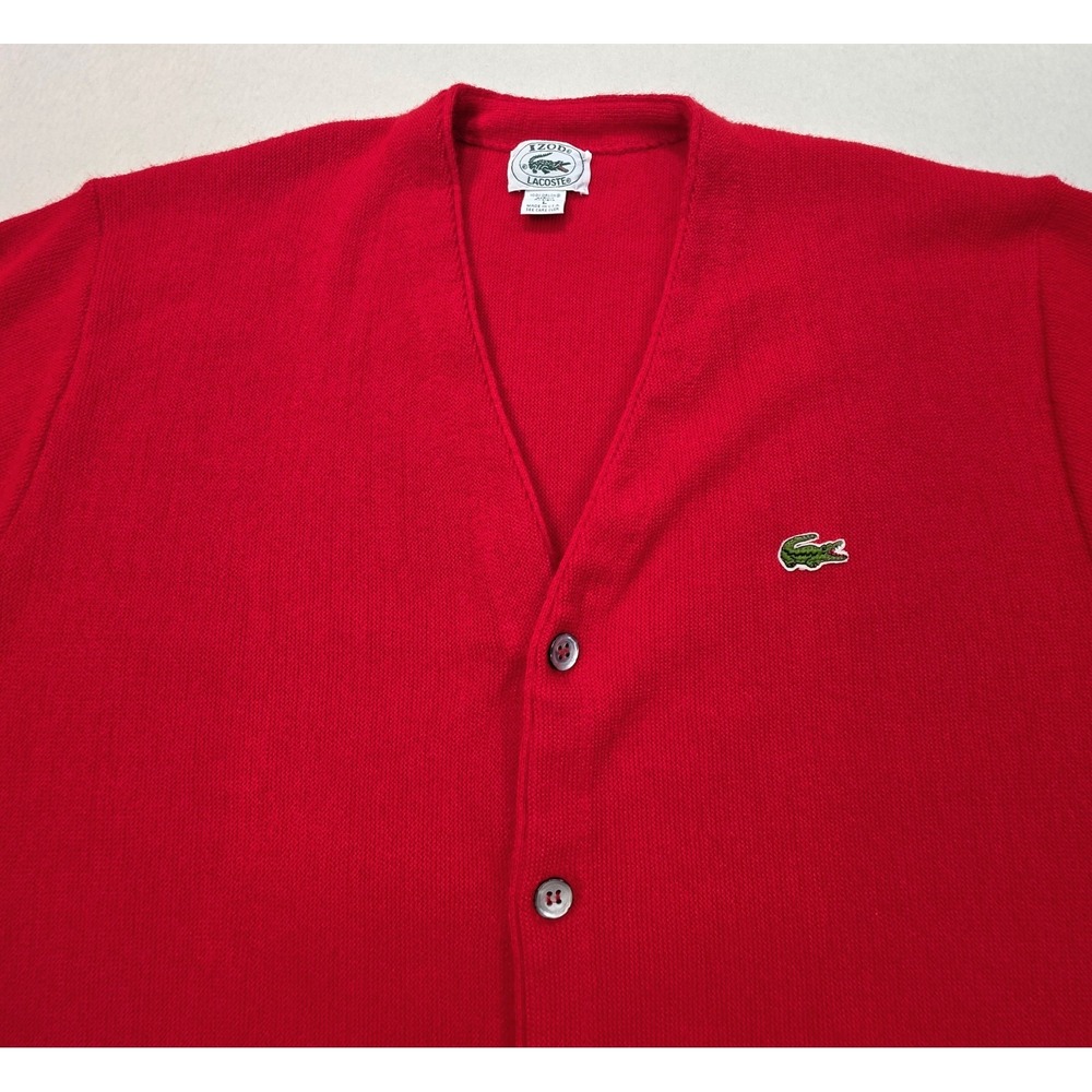 Vintage Lacoste Cardigan Sweater Mens L Red 80'S Orlon Acrylic Knit Made in USA